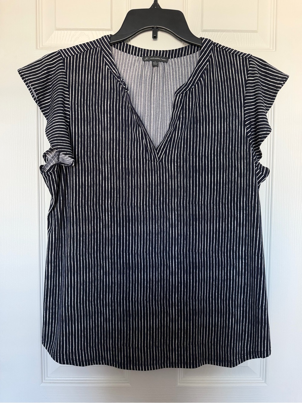 Adrianna Papell Navy Striped Flutter Sleeve Blouse L